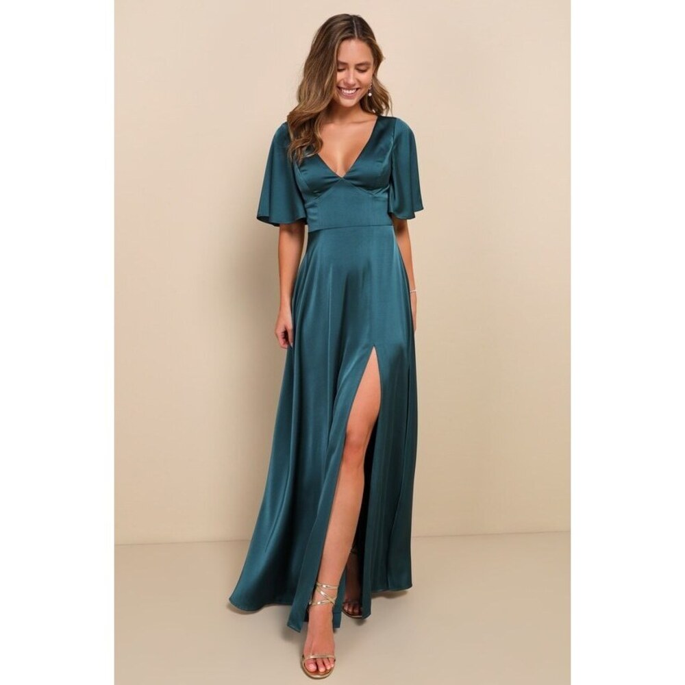 NWT Lulus Elegant Confidence Teal Satin Flutter Sleeve Cutout Maxi Dress Blue